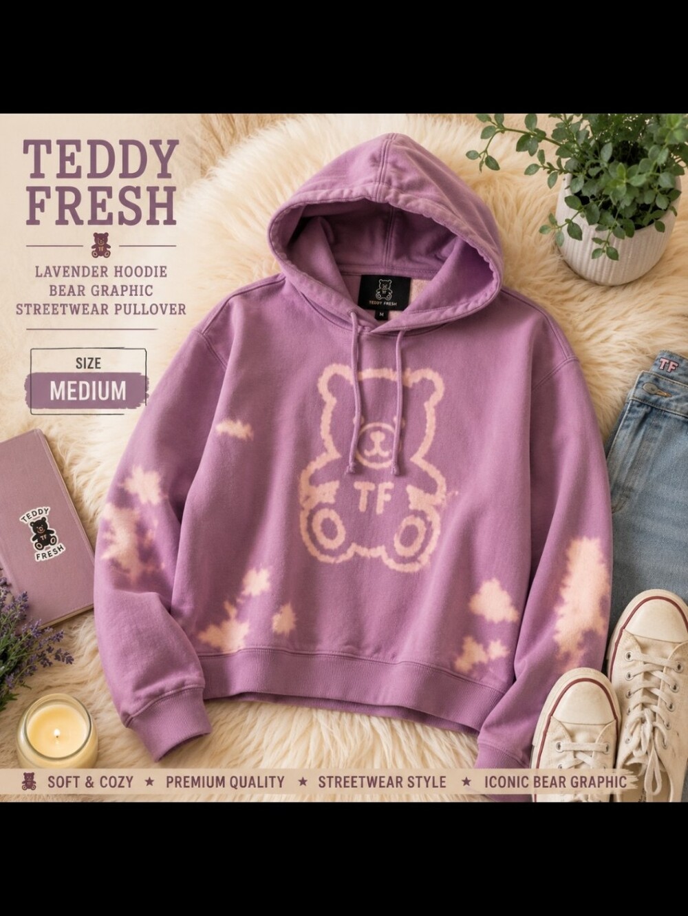 Teddy Fresh Lavender Hoodie Bear Graphic Streetwear Pullover